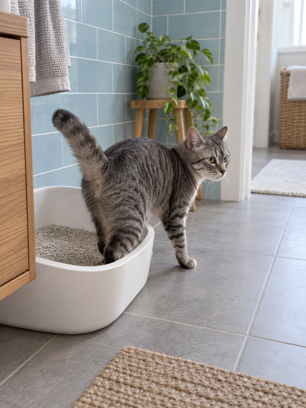 Gato junto a su arenero en casa