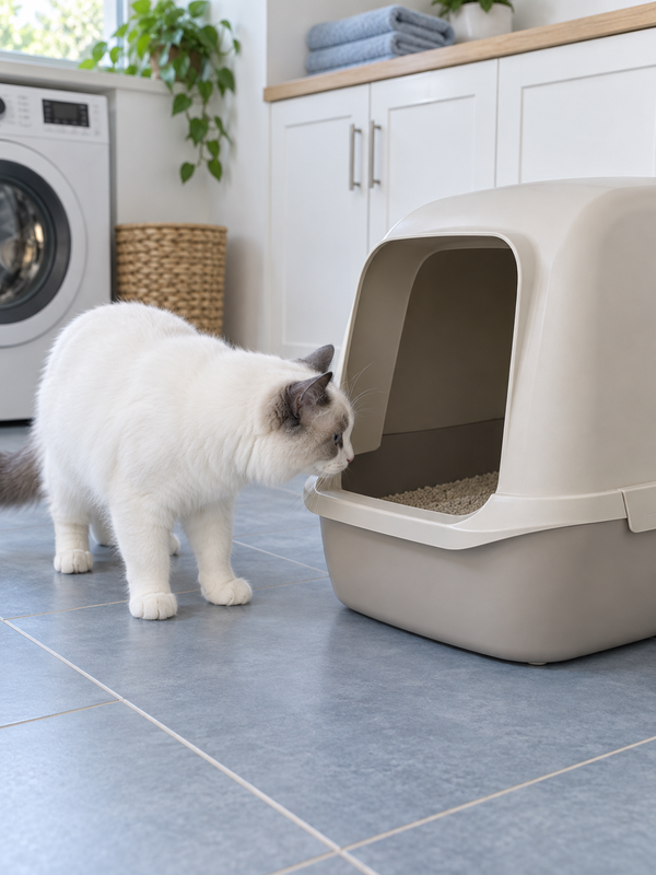 Gato junto a su arenero en casa