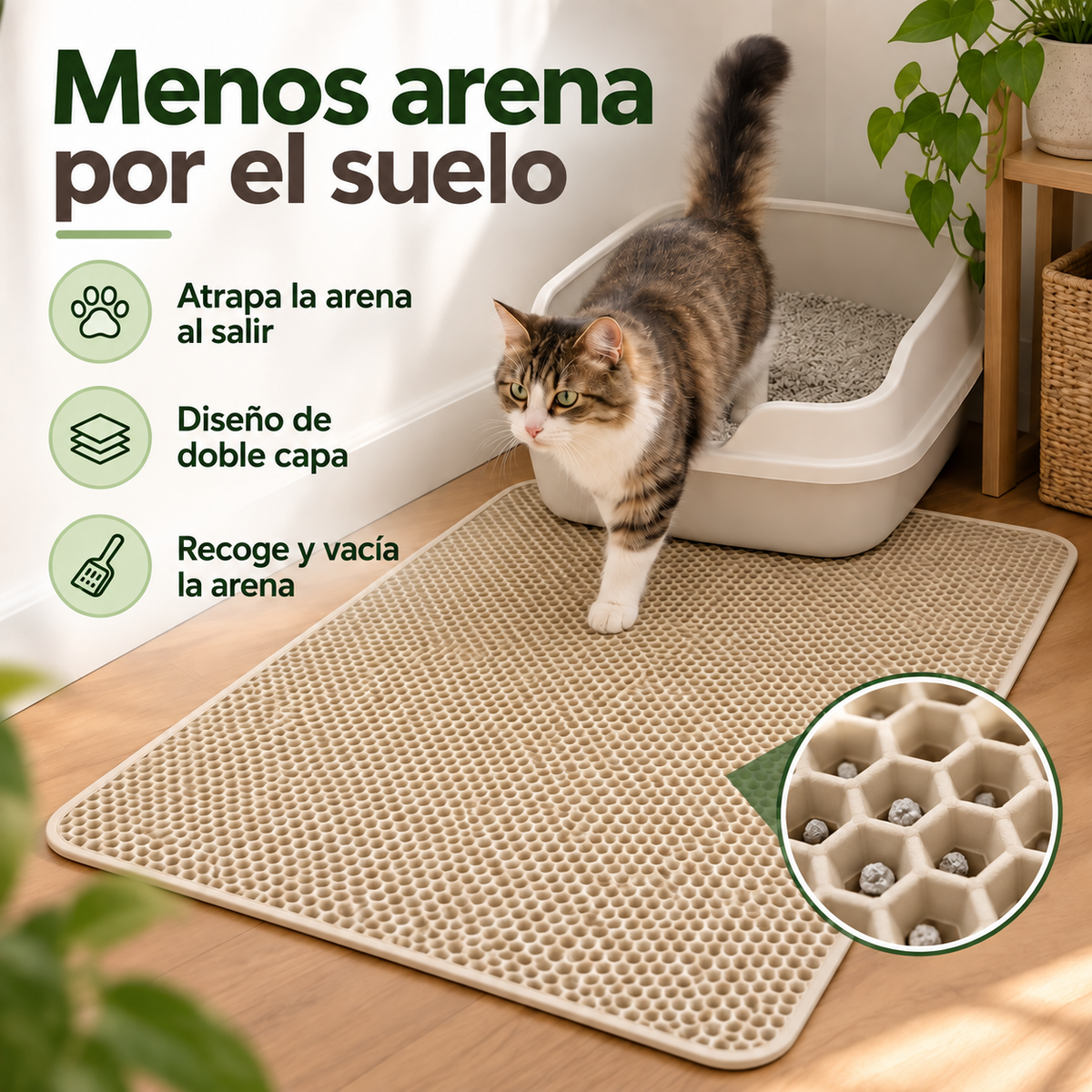 Esterilla atrapa arena beige de doble capa en uso bajo un arenero