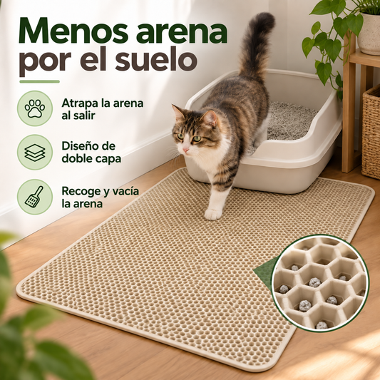 Esterilla atrapa arena beige de doble capa en uso bajo un arenero