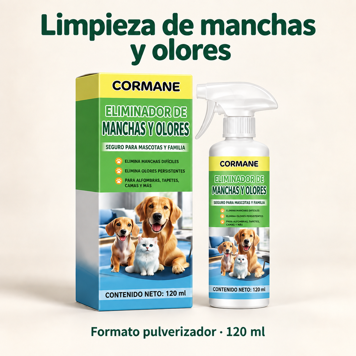 Spray Cormane de 120 ml, envase en español con dos perros y un gato.