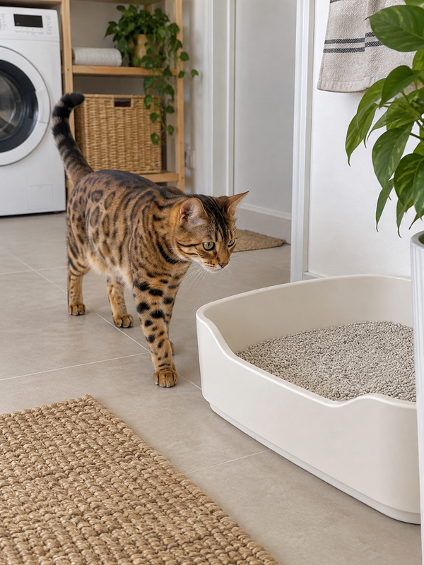 Gato junto a su arenero en casa
