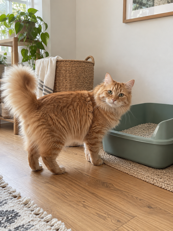Gato junto a su arenero en casa